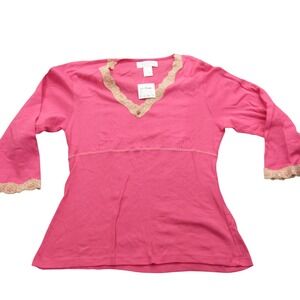 Sleep Club Womens Pink Cotton Lace Trim V-Neck 3/4 Sleeve Top Large Rosebud